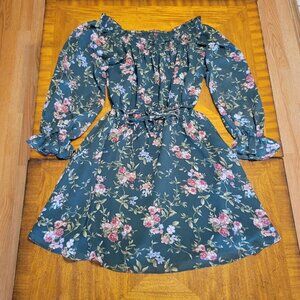 Forever 21 Dark Green and Pink Floral Peasant Style Dress